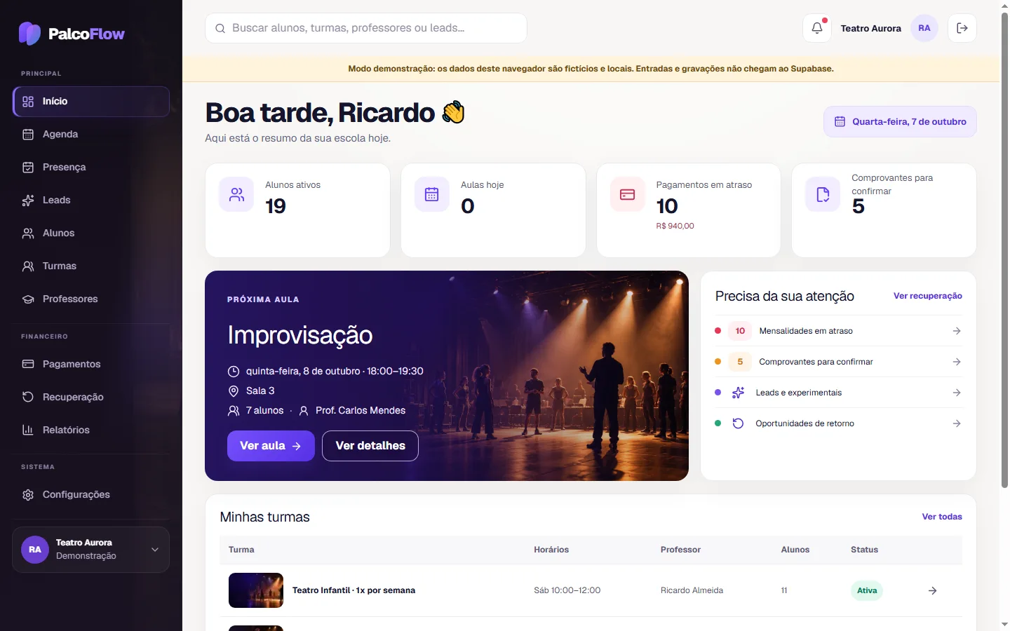 Painel real do PalcoFlow com resumo da escola e próxima aula