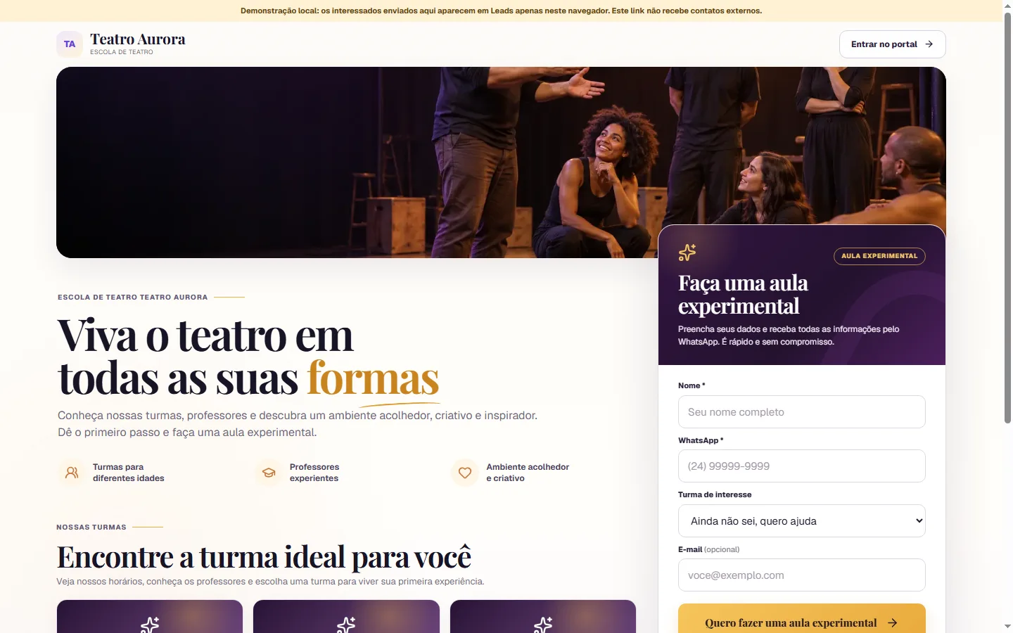 Página pública real de uma escola no PalcoFlow, em modo de demonstração